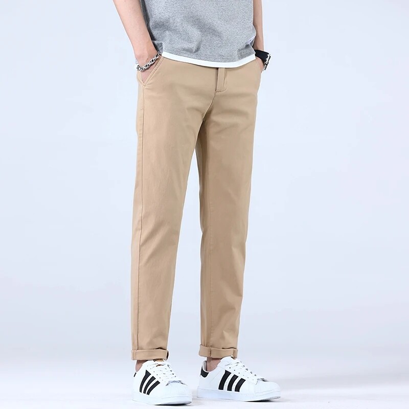 2024. Prozračne, 98% pamuk, tanka mekana tkanina, muške ležerne hlače, muške korejske ljetne nove marke radne ravne uske hlače