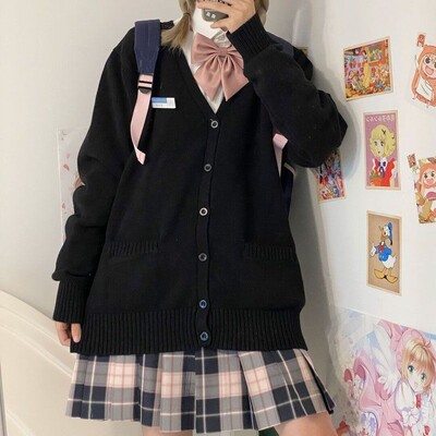 JK Uniforma Kardigani Ženski kaputi Studenti Elegantni Jednobojni pleteni dugih rukava Široki Japanski V-izrez Kauzalni Dnevni Ženski