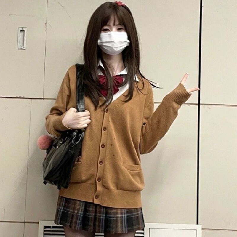 JK Uniforma Kardigani Ženski kaputi Studenti Elegantni Jednobojni pleteni dugih rukava Široki Japanski V-izrez Kauzalni Dnevni Ženski
