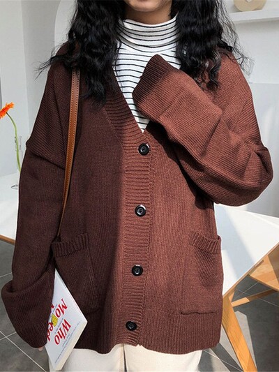 Džemperi Ženski pleteni kardigan V-izrez dugih rukava Modni pleteni ženski jesenski elegantni Zeleni Smeđi Crveni Bijeli Crni Sivi Ružičasti