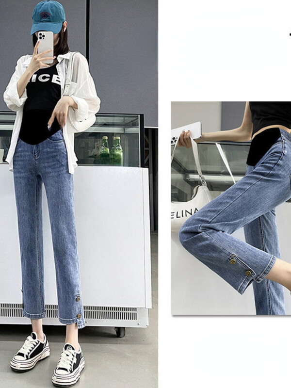 Grūtnieču džinsi grūtniecēm Vēdera bikses Grūtniecība Apģērbs Pavasaris Rudens Elastīgs Viduklis Džinsu Bikses Zili sieviešu džinsi