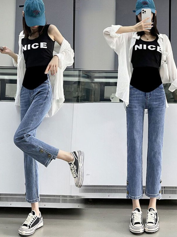 Grūtnieču džinsi grūtniecēm Vēdera bikses Grūtniecība Apģērbs Pavasaris Rudens Elastīgs Viduklis Džinsu Bikses Zili sieviešu džinsi