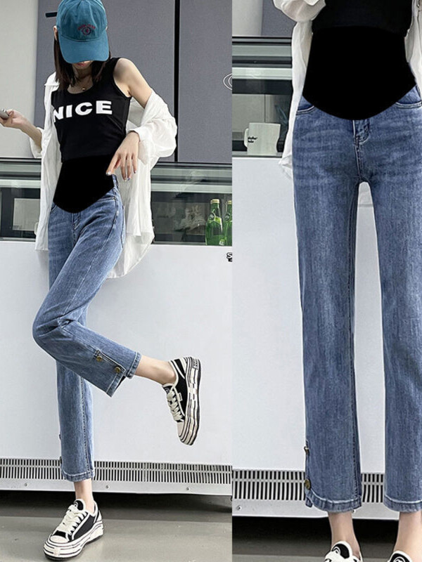 Grūtnieču džinsi grūtniecēm Vēdera bikses Grūtniecība Apģērbs Pavasaris Rudens Elastīgs Viduklis Džinsu Bikses Zili sieviešu džinsi