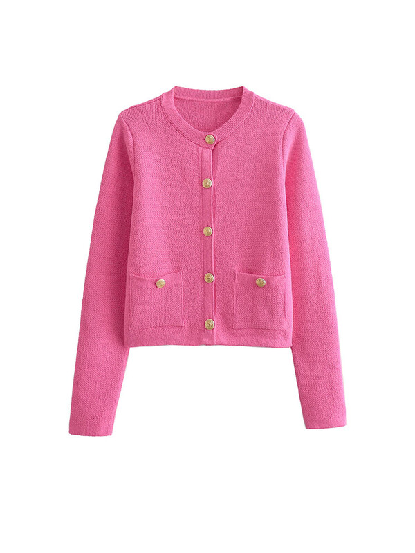 TRAF 2024 Sieviešu trikotāžas džemperis ar zelta pogām priekšpusē, kabatas ar garām piedurknēm sieviešu virsdrēbes, eleganti topi