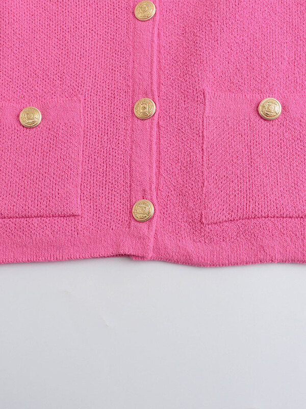 TRAF 2024 Sieviešu trikotāžas džemperis ar zelta pogām priekšpusē, kabatas ar garām piedurknēm sieviešu virsdrēbes, eleganti topi