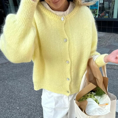 Cardigane tricotate Mohair, dulci, elegante, elegante, cu decolteu O, cu mâneci lungi, pulover 2024, toamna pentru femei, pulovere la modă