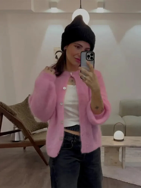 Cardigane tricotate Mohair, dulci, elegante, elegante, cu decolteu O, cu mâneci lungi, pulover 2024, toamna pentru femei, pulovere la modă