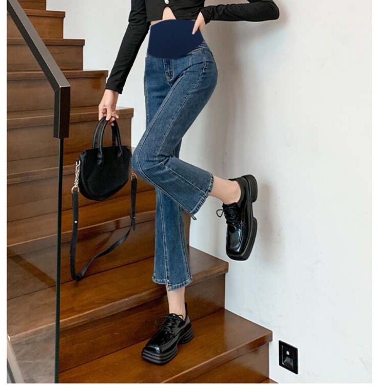 Smalks zābaku piegriezuma apgriezti džinsi grūtniecēm 2024. gada pavasara vasaras modes melnas džinsu bikses grūtniecēm. Ikdienas jauniešu grūtniecība