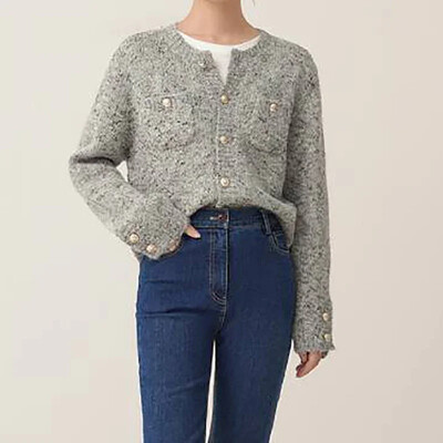 Őszi szürke kötött kardigán pulóver kabát női O-nyakú, hosszú ujjú, elegáns, tömör irodai pulóver gombok zsebes alkalmi pulóver téli