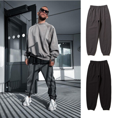 Pantaloni sport din bumbac pentru bărbați Pantaloni de jogging hip hop stil gros, gri închis, îmbrăcăminte de stradă, pantaloni Kanye pentru alergare, pantaloni de sport pentru antrenament West