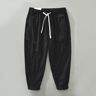 Proljeće ljeto Nove ležerne hlače s uzicom Muška odjeća Lanene i pamučne tanke prozračne jednobojne ravne hlače C3501