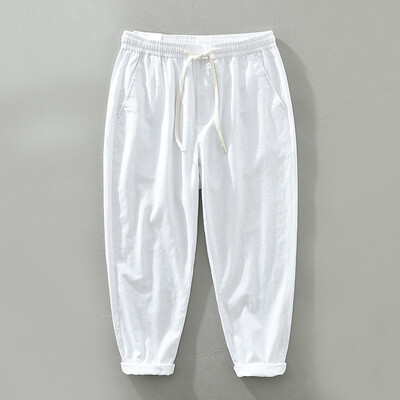 Proljeće ljeto Nove ležerne hlače s uzicom Muška odjeća Lanene i pamučne tanke prozračne jednobojne ravne hlače C3501