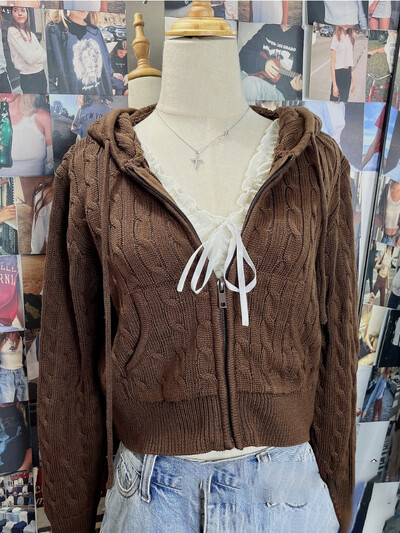 Solid Twist trikotāžas jaka ar kapuci sievietēm rudens ikdienišķa kokvilnas rievota apdare ar rāvējslēdzēju aiztaisāms džemperis Vintage ielas apģērbs, apgriezts mētelis