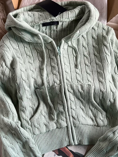 Solid Twist trikotāžas jaka ar kapuci sievietēm rudens ikdienišķa kokvilnas rievota apdare ar rāvējslēdzēju aiztaisāms džemperis Vintage ielas apģērbs, apgriezts mētelis