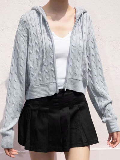 Solid Twist trikotāžas jaka ar kapuci sievietēm rudens ikdienišķa kokvilnas rievota apdare ar rāvējslēdzēju aiztaisāms džemperis Vintage ielas apģērbs, apgriezts mētelis