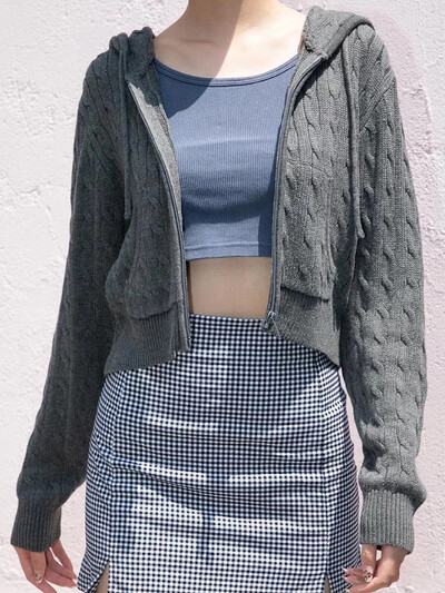 Solid Twist trikotāžas jaka ar kapuci sievietēm rudens ikdienišķa kokvilnas rievota apdare ar rāvējslēdzēju aiztaisāms džemperis Vintage ielas apģērbs, apgriezts mētelis