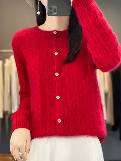 Μάλλινη ζακέτα Γυναικεία πουλόβερ με μακρυμάνικο λαιμόκοψη Πλεκτό Κορεάτικο στυλ Hollow Out New In Outerwear Mujer Knitwear Ανοιξιάτικα ρούχα