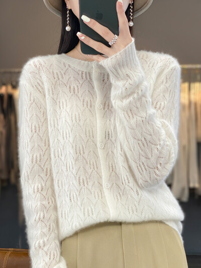 Μάλλινη ζακέτα Γυναικεία πουλόβερ με μακρυμάνικο λαιμόκοψη Πλεκτό Κορεάτικο στυλ Hollow Out New In Outerwear Mujer Knitwear Ανοιξιάτικα ρούχα