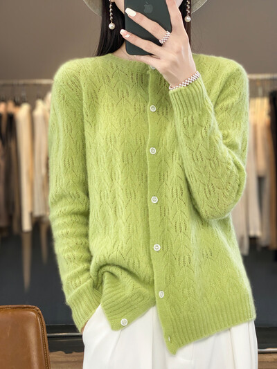 Μάλλινη ζακέτα Γυναικεία πουλόβερ με μακρυμάνικο λαιμόκοψη Πλεκτό Κορεάτικο στυλ Hollow Out New In Outerwear Mujer Knitwear Ανοιξιάτικα ρούχα