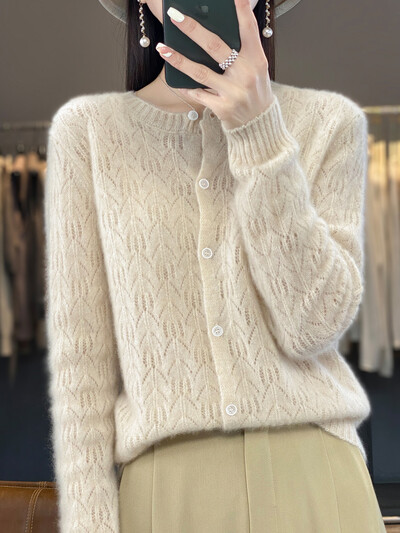 Μάλλινη ζακέτα Γυναικεία πουλόβερ με μακρυμάνικο λαιμόκοψη Πλεκτό Κορεάτικο στυλ Hollow Out New In Outerwear Mujer Knitwear Ανοιξιάτικα ρούχα