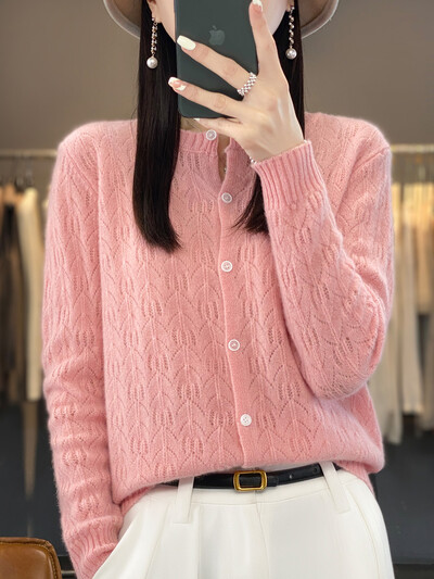 Μάλλινη ζακέτα Γυναικεία πουλόβερ με μακρυμάνικο λαιμόκοψη Πλεκτό Κορεάτικο στυλ Hollow Out New In Outerwear Mujer Knitwear Ανοιξιάτικα ρούχα