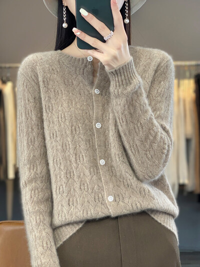 Μάλλινη ζακέτα Γυναικεία πουλόβερ με μακρυμάνικο λαιμόκοψη Πλεκτό Κορεάτικο στυλ Hollow Out New In Outerwear Mujer Knitwear Ανοιξιάτικα ρούχα