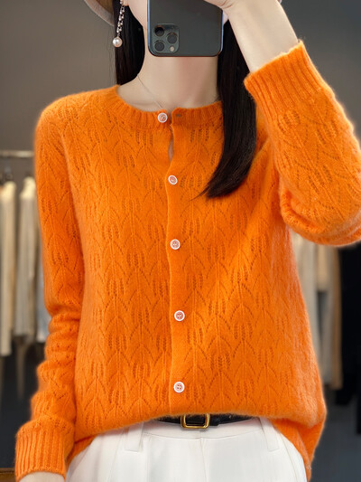 Μάλλινη ζακέτα Γυναικεία πουλόβερ με μακρυμάνικο λαιμόκοψη Πλεκτό Κορεάτικο στυλ Hollow Out New In Outerwear Mujer Knitwear Ανοιξιάτικα ρούχα