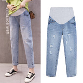 Nauji pavasariniai džinsiniai džinsai nėščiosioms, praplyšę skylutę, elastinės juosmens kelnės nėščioms moterims Laisvos laisvos nėštumo kelnės