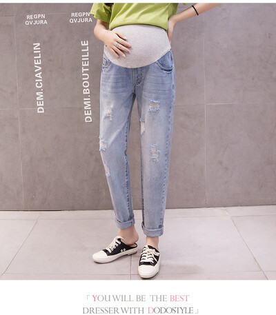 Nauji pavasariniai džinsiniai džinsai nėščiosioms, praplyšę skylutę, elastinės juosmens kelnės nėščioms moterims Laisvos laisvos nėštumo kelnės