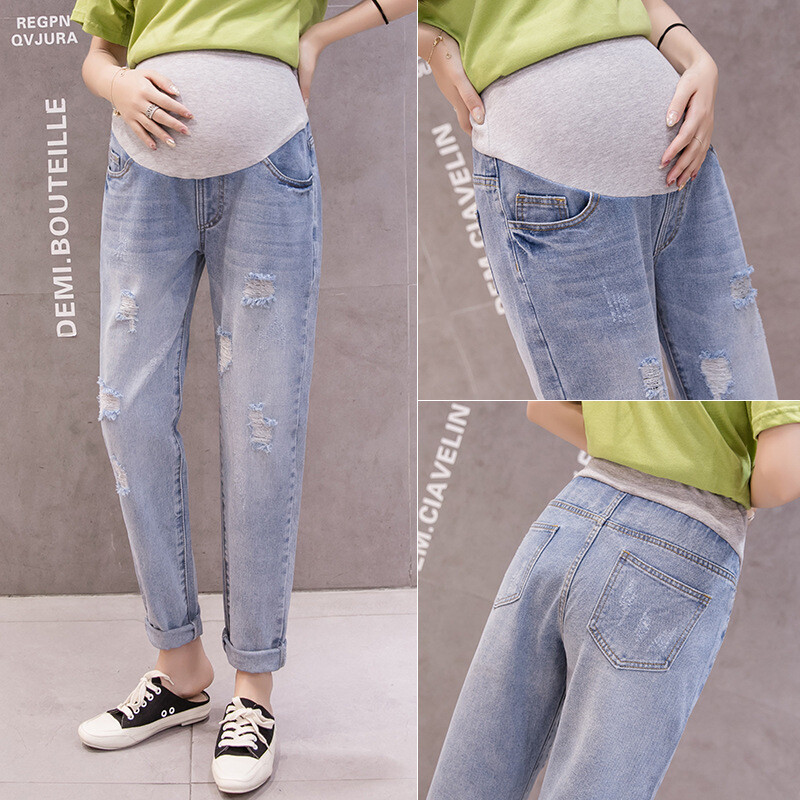 Nauji pavasariniai džinsiniai džinsai nėščiosioms, praplyšę skylutę, elastinės juosmens kelnės nėščioms moterims Laisvos laisvos nėštumo kelnės