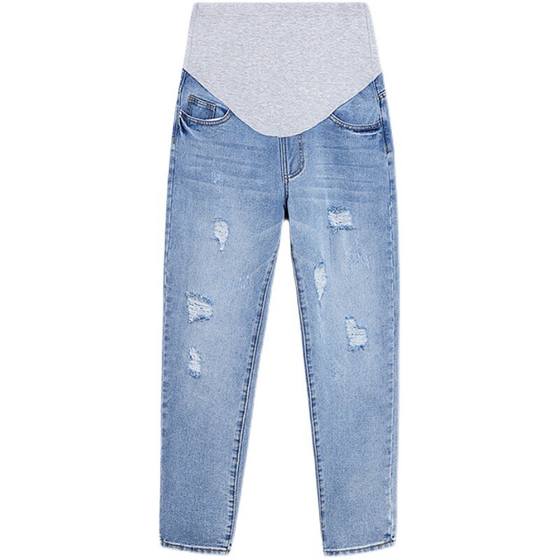 Nauji pavasariniai džinsiniai džinsai nėščiosioms, praplyšę skylutę, elastinės juosmens kelnės nėščioms moterims Laisvos laisvos nėštumo kelnės