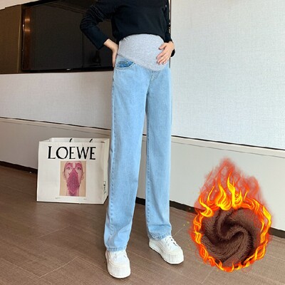 Зимна мода Деним Прави дълги дънки за бременни Широки панталони Свободен корем Дрехи за бременни Бременни Ежедневни