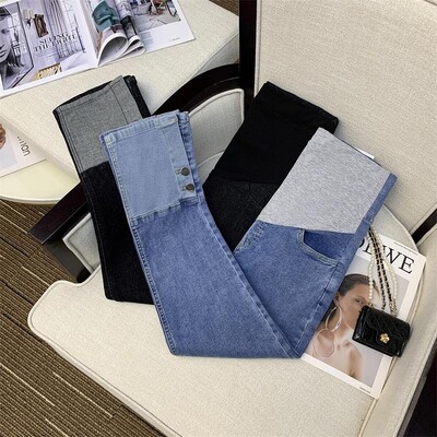 Button Patchwork Washed Denim Jeans for Maternity Slim Straight Cropped Belly Pants for Pregnant Women 24ss Y2k Youth Pregnancy