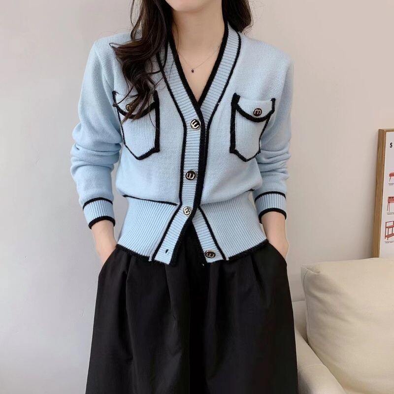 Franču niša gaiša pazīstama trikotāžas jaka sieviešu maza smaržīga slavena dāma karaliskā māsa dizaina krāsu kontrasta džemperis