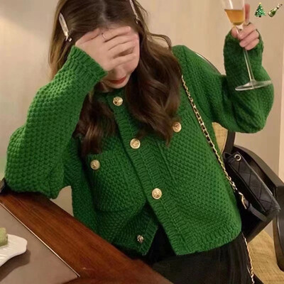 Trikotāžas jaciņa Franču vintage zelta pogas Džemperis Sieviešu Rudens Ziemas Luksus Īss Taiss Mētelis Trikotāža Zaļš Sarkans