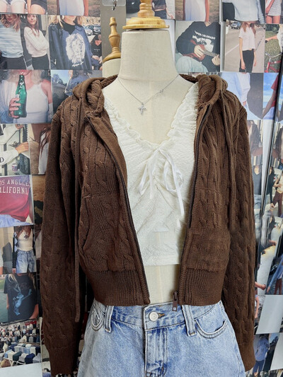 Cardigan tricotat cu flori răsucite pulover femei toamnă cu mânecă lungă cu glugă fermoar palton scurt Streetwear pulovere la modă topuri Y2K