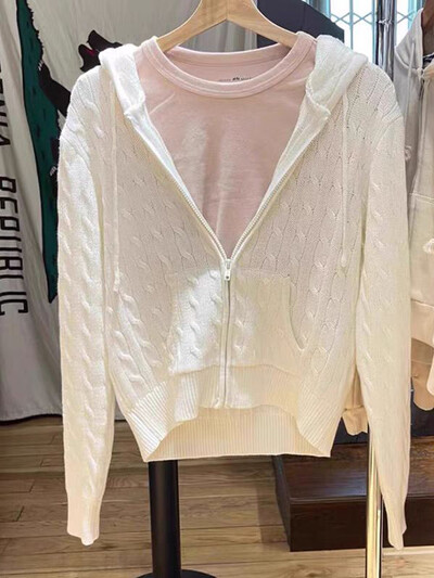 Cardigan tricotat cu flori răsucite pulover femei toamnă cu mânecă lungă cu glugă fermoar palton scurt Streetwear pulovere la modă topuri Y2K