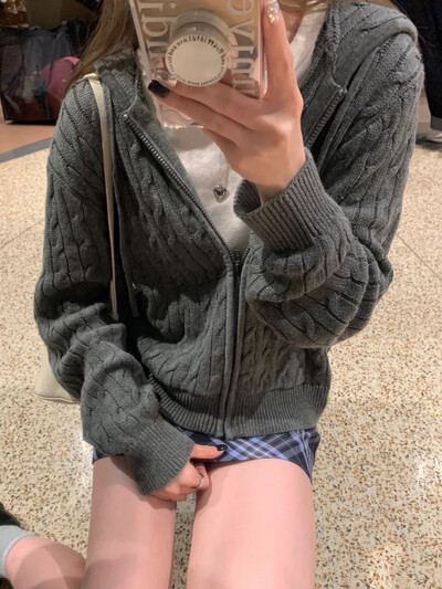 Cardigan tricotat cu flori răsucite pulover femei toamnă cu mânecă lungă cu glugă fermoar palton scurt Streetwear pulovere la modă topuri Y2K