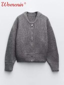 Pulover tricotat cu mânecă lungă cu fermoar retro, cu gât în formă de O, cardigan scurt, pentru femei, 2024, ocazional, în patchwork, plin