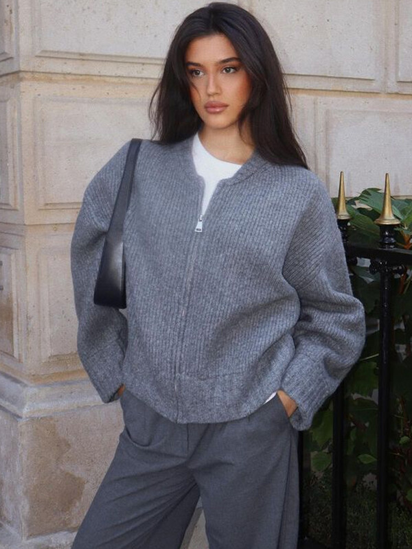 Pulover tricotat cu mânecă lungă cu fermoar retro, cu gât în formă de O, cardigan scurt, pentru femei, 2024, ocazional, în patchwork, plin