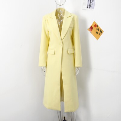 Modes, dzelteni vilnas garie mēteļi sievietēm ar vaļīgām atlokiem, garām piedurknēm, vienas pogas ciets mētelis, 2024. gada rudens un ziemas elegants ielas apģērbs