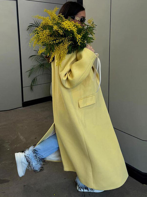 Modes, dzelteni vilnas garie mēteļi sievietēm ar vaļīgām atlokiem, garām piedurknēm, vienas pogas ciets mētelis, 2024. gada rudens un ziemas elegants ielas apģērbs