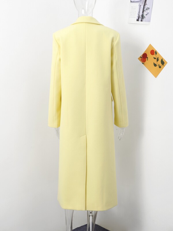 Modes, dzelteni vilnas garie mēteļi sievietēm ar vaļīgām atlokiem, garām piedurknēm, vienas pogas ciets mētelis, 2024. gada rudens un ziemas elegants ielas apģērbs