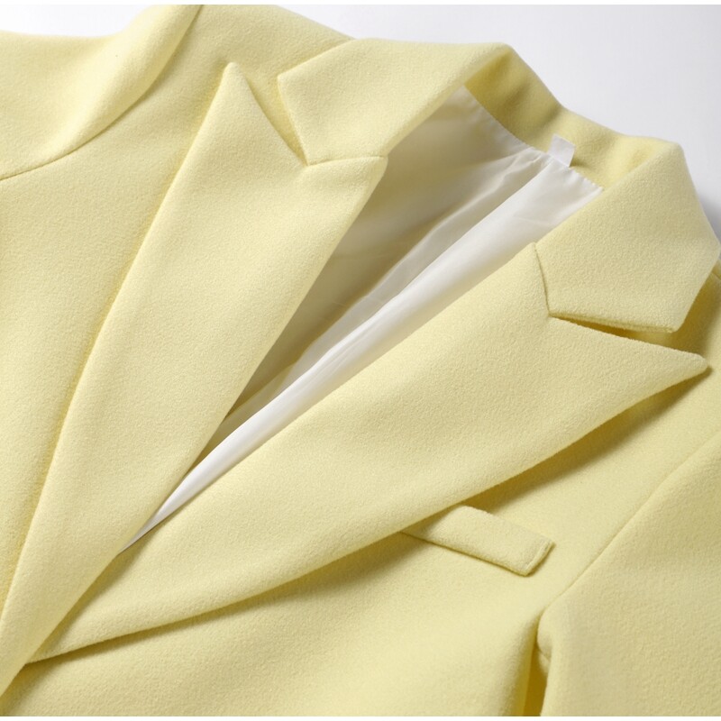 Modes, dzelteni vilnas garie mēteļi sievietēm ar vaļīgām atlokiem, garām piedurknēm, vienas pogas ciets mētelis, 2024. gada rudens un ziemas elegants ielas apģērbs