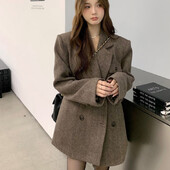 Korejski modni ženski široki sakoi od tvida Jesen Proljeće Francuski elegantni debeli dugi sakoi Ženski uredski kaputi Ležerna gornja odjeća