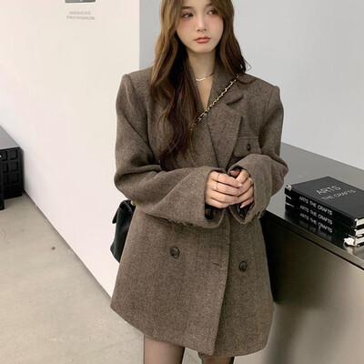 Korejski modni ženski široki sakoi od tvida Jesen Proljeće Francuski elegantni debeli dugi sakoi Ženski uredski kaputi Ležerna gornja odjeća
