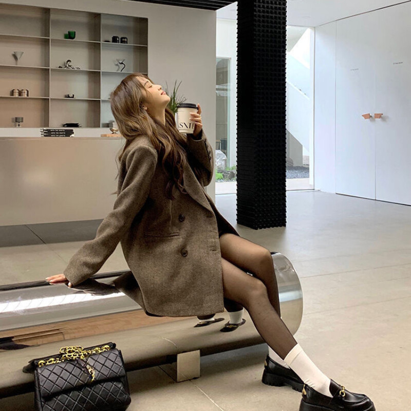 Korejski modni ženski široki sakoi od tvida Jesen Proljeće Francuski elegantni debeli dugi sakoi Ženski uredski kaputi Ležerna gornja odjeća