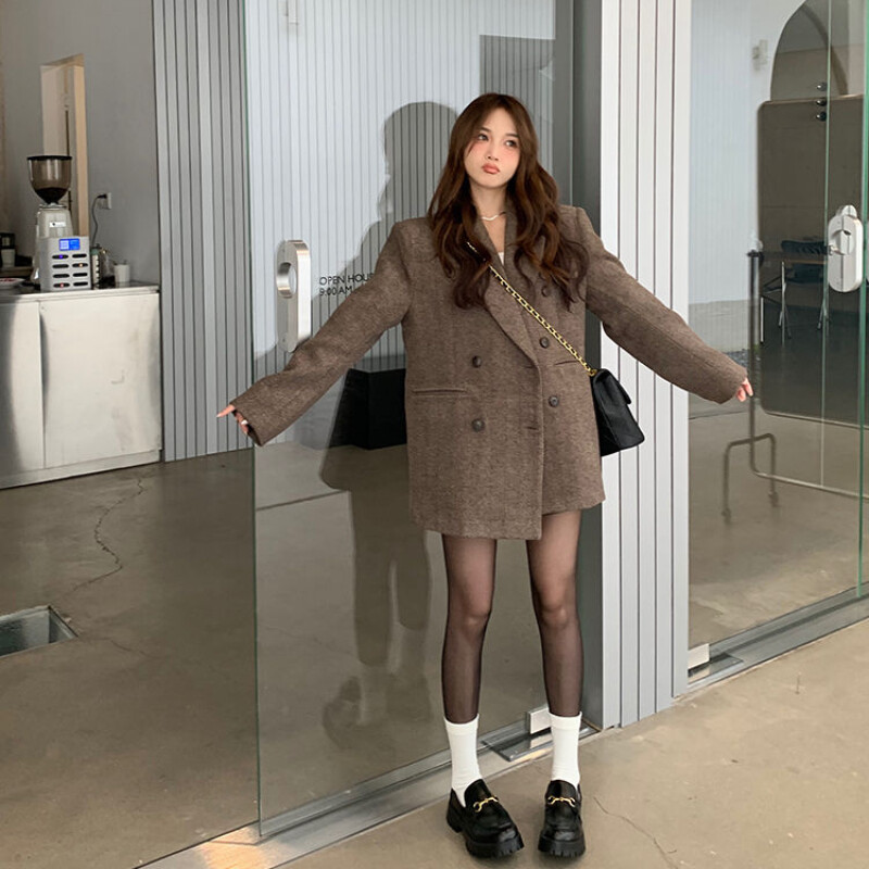 Korejski modni ženski široki sakoi od tvida Jesen Proljeće Francuski elegantni debeli dugi sakoi Ženski uredski kaputi Ležerna gornja odjeća