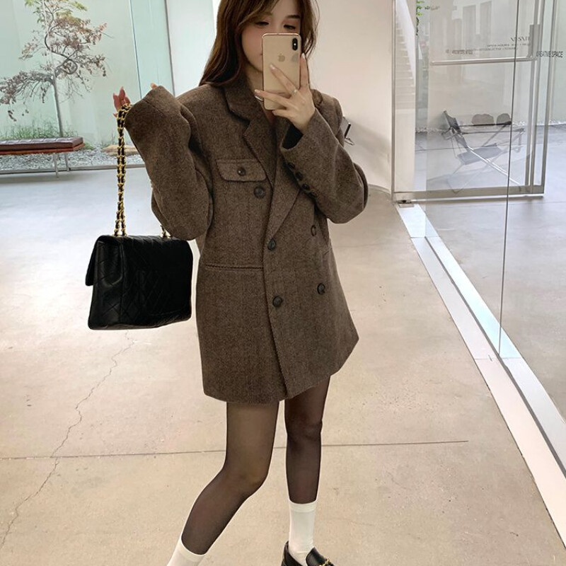 Korejski modni ženski široki sakoi od tvida Jesen Proljeće Francuski elegantni debeli dugi sakoi Ženski uredski kaputi Ležerna gornja odjeća