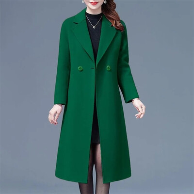 Ženski vuneni dugi kaput na revere, modna jakna s jednim gumbom, dugih rukava, jesen, zima, uredska dama, elegantni topli vuneni kaput